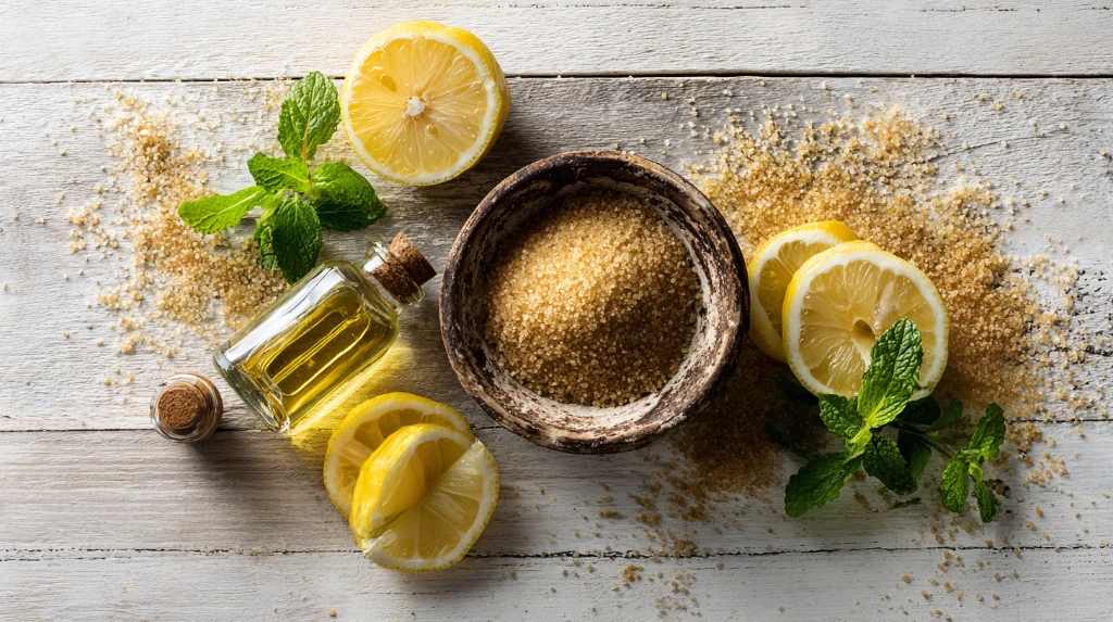 شکر قهوه‌ ای، لیمو و روغن برای لایه‌ برداری پوست