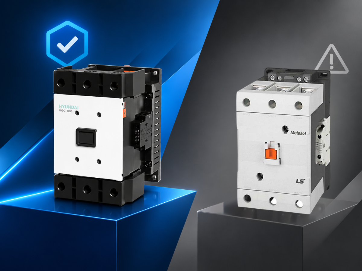 مقایسه کنتاکتور هیوندای اصلی HGC 100 با کنتاکتور LS Metasol، با نمایش تفاوت ظاهری و اهمیت انتخاب کنتاکتور باکیفیت.